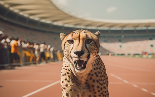 Cheetah on a race track with stadium background, HD wallpaper.