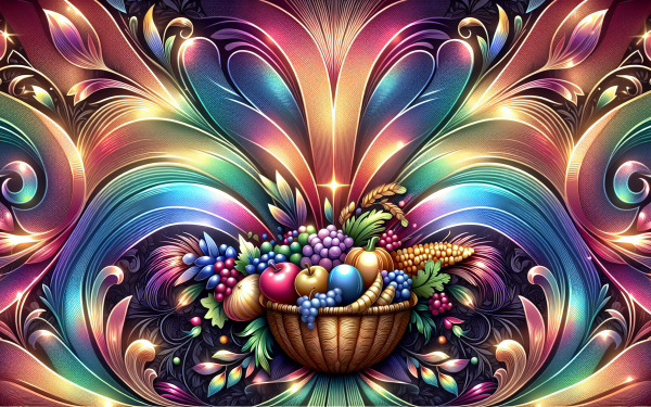 Colorful HD wallpaper of a cornucopia filled with fruits and grains on an ornate background.
