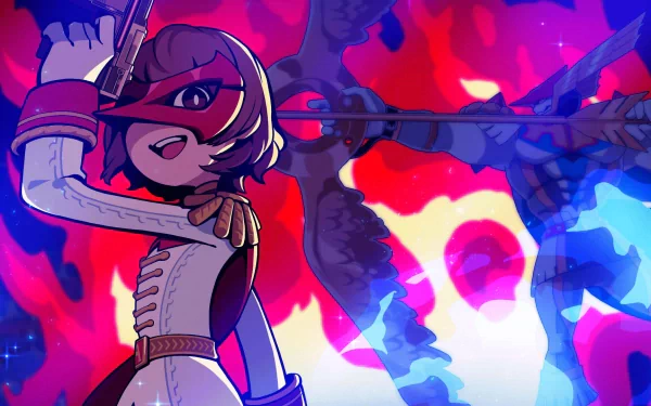 HD desktop wallpaper featuring a stylized character from Persona 5 Tactica in a dynamic pose with a vibrant blue and red background.