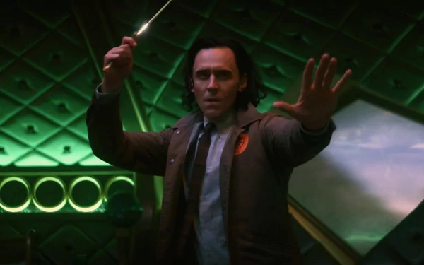 Tom Hiddleston as Loki, raising a hand and wielding a glowing object, set against a striking green backdrop in a scene from the TV show Loki. High-definition wallpaper.