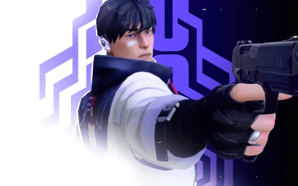 HD desktop wallpaper featuring the character Iso from Valorant in action, with a dynamic purple and white geometric background.