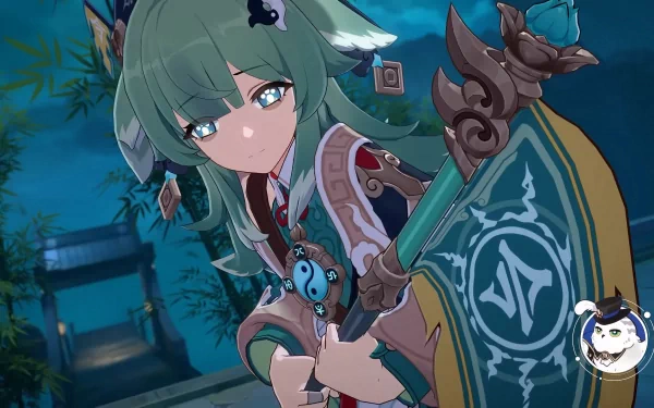 HD wallpaper of Huohuo from Honkai: Star Rail, featuring the character in a dynamic pose with her spear and shield against a night-time backdrop.