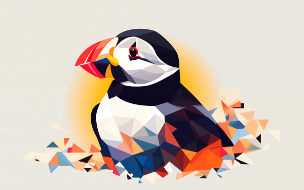 Geometric low poly design of a puffin bird as an HD desktop wallpaper background featuring vibrant abstract shapes.