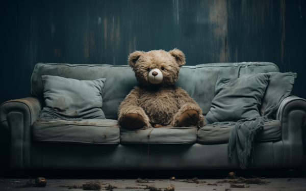 Lonely teddy bear sitting on an old couch against a dark background, HD stuffed animal desktop wallpaper and background.