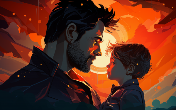 Heartwarming HD wallpaper of a father and son sharing a moment, with a vibrant sunset in the background, perfect for celebrating Father's Day.