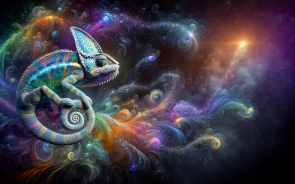 Artistic chameleon on a vibrant cosmic background HD wallpaper for desktop