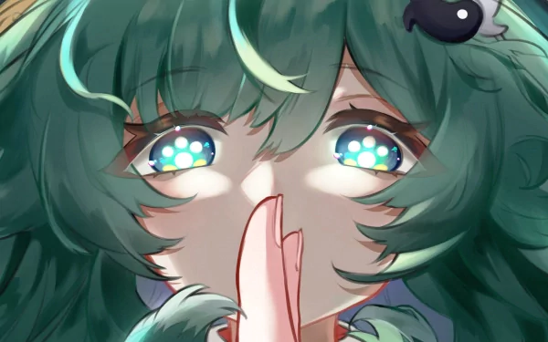 HD Wallpaper featuring Huohuo from Honkai: Star Rail with sparkling eyes and vivid green hair for desktop background.