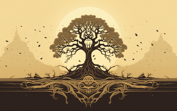 HD desktop wallpaper featuring the mythical Yggdrasil tree with a golden sun backdrop and intricate Norse patterns.