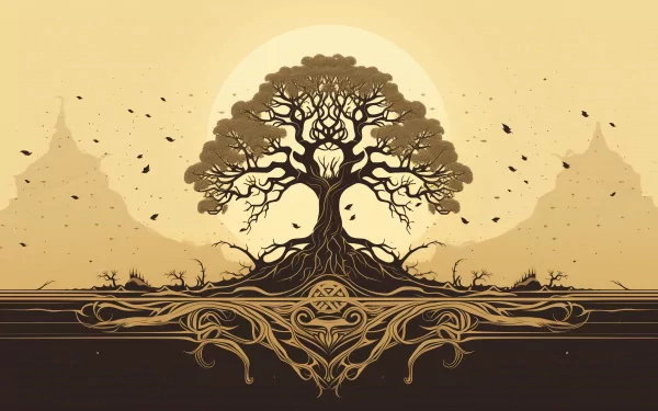 HD desktop wallpaper featuring the mythical Yggdrasil tree with a golden sun backdrop and intricate Norse patterns.