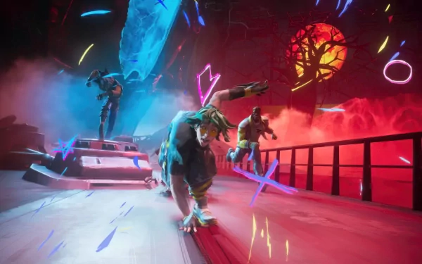 HD wallpaper featuring the character Ezreal from League of Legends, poised in action within the vibrant, neon-lit setting of Heartsteel.