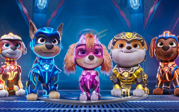Colorful HD wallpaper featuring characters from PAW Patrol: The Mighty Movie, showcasing a group of heroic pups in vibrant, futuristic outfits against a dynamic background.