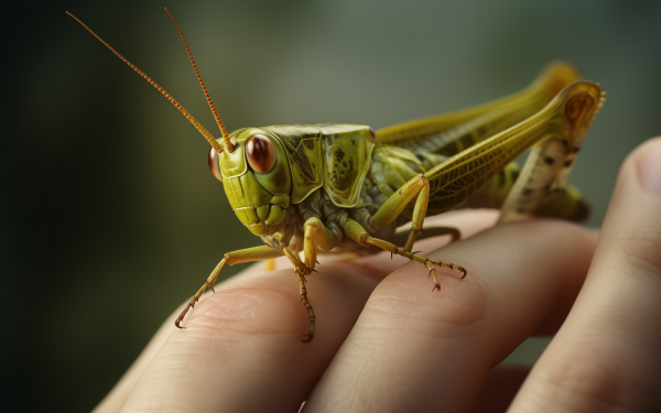 HD wallpaper of a detailed grasshopper perched on human fingers, showcasing its vibrant green texture against a soft-focus background.