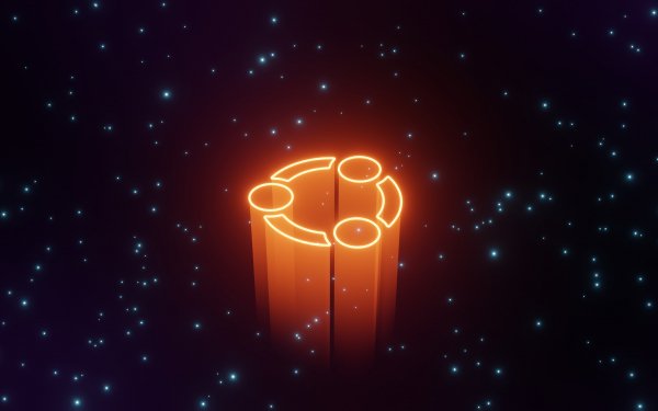 HD Ubuntu logo wallpaper with a glowing orange emblem on a starry dark background.