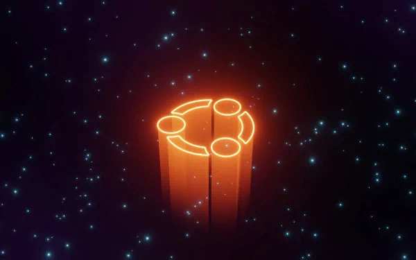 HD Ubuntu logo wallpaper with a glowing orange emblem on a starry dark background.