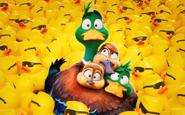 Colorful HD wallpaper from the movie Migration (2023), featuring a playful group of animated ducks surrounded by a sea of yellow rubber ducks.