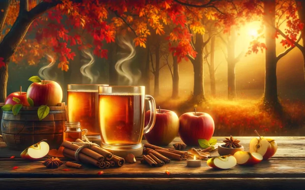 Cozy scene featuring steaming mugs of apple cider, fresh apples, and cinnamon sticks, set against a backdrop of autumn trees and warm sunlight. Perfect HD wallpaper for fall lovers.