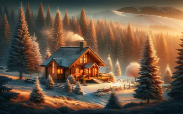 Warmly lit cozy cabin nestled among snow-covered pine trees at twilight, creating a tranquil HD desktop wallpaper scene.