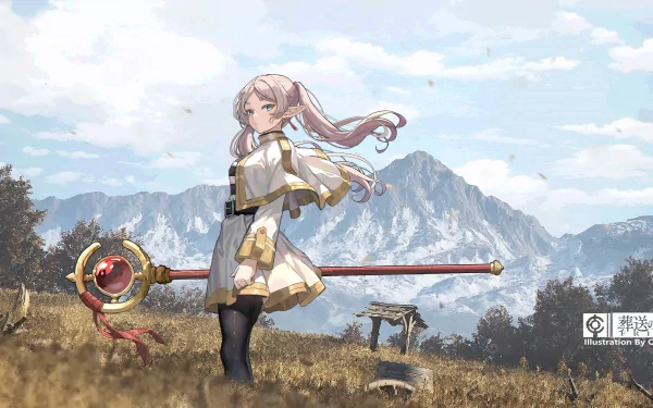Anime-style illustration of Frieren from Frieren: Beyond Journey's End, standing in a mountainous field with her staff, rendered in detailed 4K Ultra HD for PC desktop wallpaper.