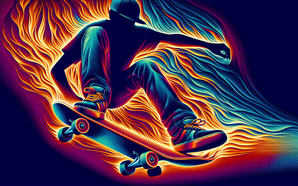 Silhouette of a skateboarder performing a trick with vibrant neon wave patterns in the background, ideal for HD desktop wallpaper and background themed around skateboarding.