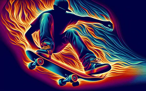 HD wallpaper featuring a stylized graphic of a person skateboarding against a vibrant flame-like background.