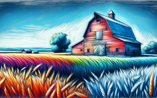 Colorful HD desktop wallpaper featuring an artistic rendition of a barn amidst vibrant fields under a clear sky.