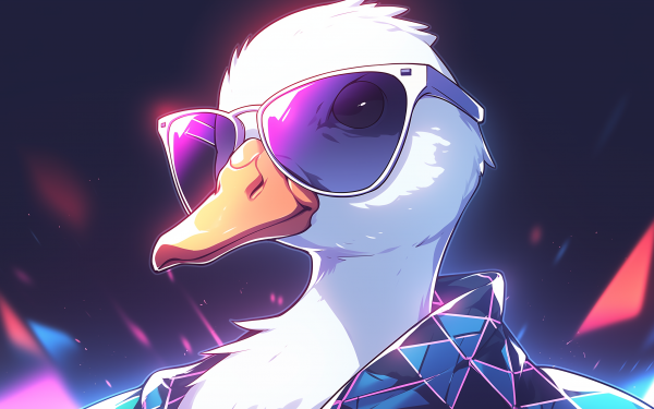 Alt-text: Cool animated goose wearing sunglasses, with a vibrant neon background, perfect for a stylish HD desktop wallpaper.