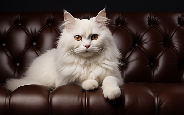 Fluffy white cat lounging on a dark leather couch, ideal for HD desktop wallpaper and background.