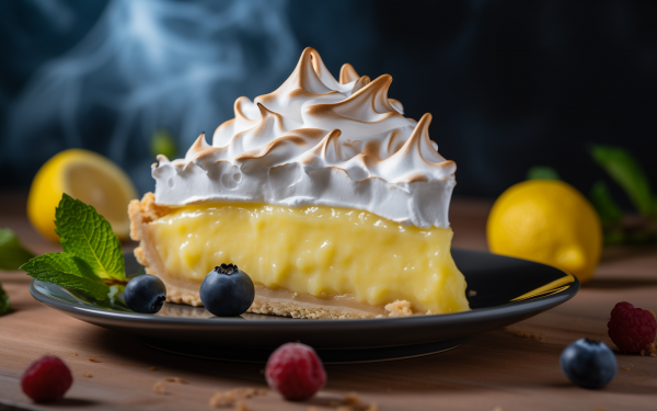 HD desktop wallpaper featuring a delicious slice of lemon pie with toasted meringue topping, garnished with fresh berries and mint on a wooden table.