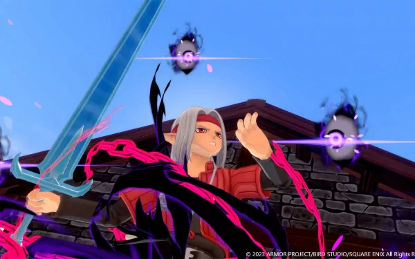 HD desktop wallpaper featuring a character from Dragon Quest Monsters: The Dark Prince in action with dynamic energy effects and flying monsters in the backdrop.