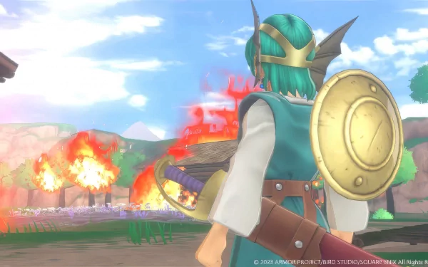 A character from Dragon Quest Monsters: The Dark Prince stands ready, shield in hand, as flames erupt in the background, showcasing vibrant HD visuals for an engaging desktop wallpaper.