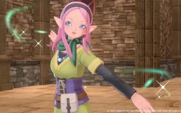 A vibrant HD wallpaper from Dragon Quest Monsters: The Dark Prince, featuring a magical character with pink hair and elf-like ears, surrounded by sparkling effects in a fantasy setting.