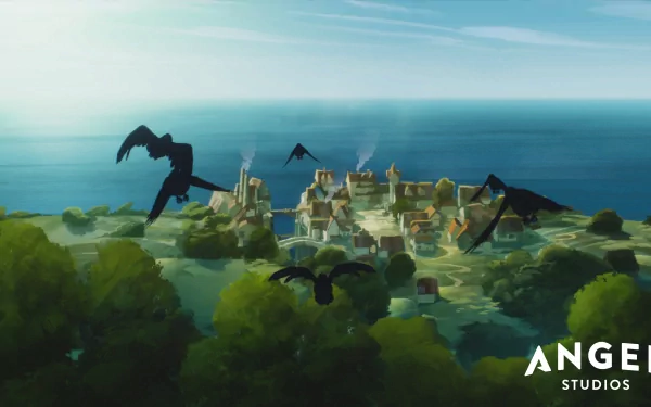HD desktop wallpaper featuring a scene from The Wingfeather Saga with silhouettes of flying creatures above a picturesque coastal village, surrounded by lush greenery, produced by Angel Studios.