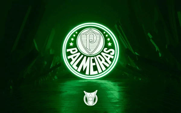 4K Ultra HD desktop wallpaper featuring the glowing green emblem of Sociedade Esportiva Palmeiras against a dark background with fans raising their hands.