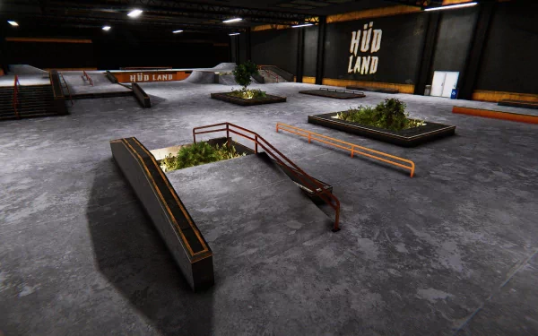 HD Skater XL desktop wallpaper featuring an indoor skatepark with various ramps and rails at HUDLAND.