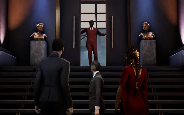 HD desktop wallpaper featuring a scene from Vampire: The Masquerade - Swansong with characters standing in a grand hall with a staircase leading to a dramatic entrance.