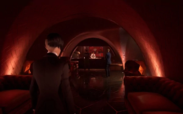 A captivating HD desktop wallpaper from *Vampire: The Masquerade - Swansong*, featuring a dimly lit bar scene with elegant seating and characters in a mysterious setting.