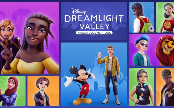 Disney Dreamlight Valley HD desktop wallpaper featuring colorful avatars from the Avatar Designer Tool.