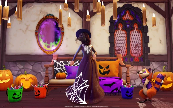 Disney Dreamlight Valley Halloween-themed HD desktop wallpaper featuring character in wizard costume with pumpkins and Goofy.