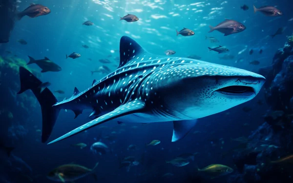 A stunning HD wallpaper featuring a whale shark swimming gracefully through a vibrant underwater scene, surrounded by small fish in a serene ocean environment.