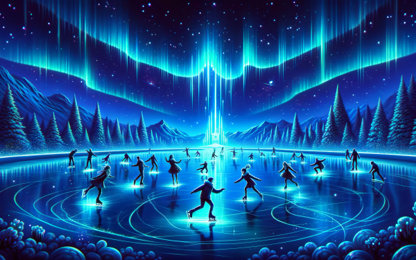 HD wallpaper of animated ice skaters with northern lights in a winter night landscape, perfect for a desktop background.