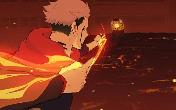 HD PC desktop wallpaper featuring Sukuna and Jogo from the anime Jujutsu Kaisen in a dynamic, fiery battle scene.