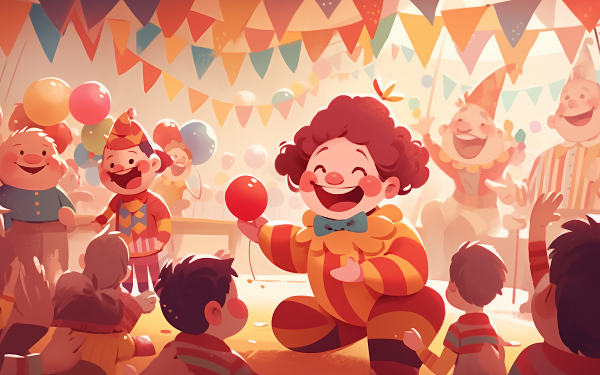Colorful cartoon clown wallpaper with happy clowns and children at a festive party, perfect for HD desktop backgrounds.
