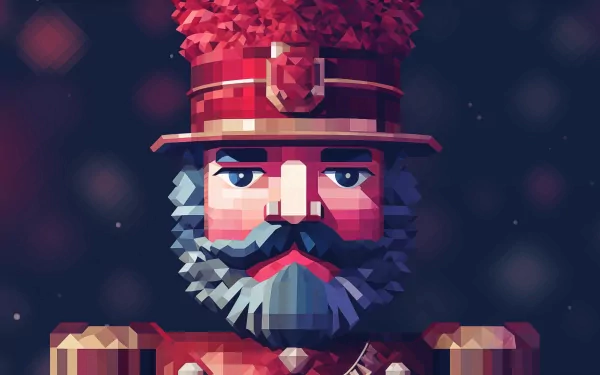 HD desktop wallpaper featuring a stylized nutcracker figure with a geometric design set against a festive, bokeh Christmas backdrop.