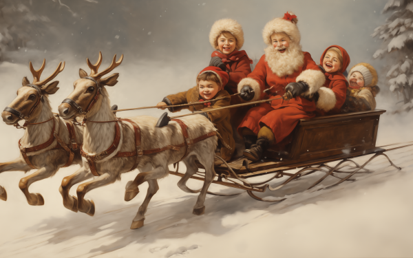 HD Christmas wallpaper featuring Santa and children joyfully riding a sleigh pulled by reindeer through a snowy landscape.