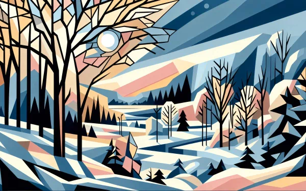 HD wallpaper featuring a stylized winter scene with snow-covered hills, bare trees, and a pastel sunset sky.