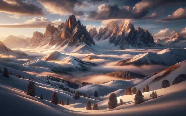 HD desktop wallpaper featuring a serene snowy mountain landscape with soft sunset lighting.