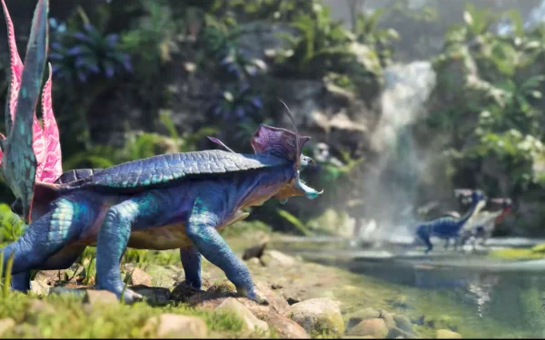 HD desktop wallpaper featuring a vibrant scene from Avatar: Frontiers of Pandora with an alien creature by a jungle river.