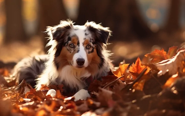 Australian Shepherd dog lying in autumn leaves, HD desktop wallpaper and background.