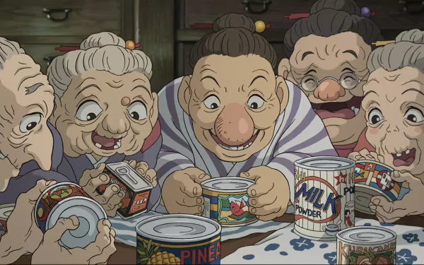 HD desktop wallpaper featuring a joyful scene from The Boy and the Heron by Studio Ghibli, showcasing animated characters gathered around with cheerful expressions.