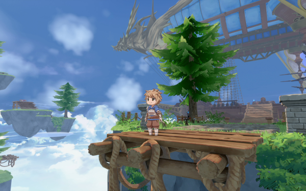 HD desktop wallpaper featuring a character from Granblue Fantasy Versus: Rising standing on a wooden platform with a fantastical backdrop of floating islands and a dragon-like airship.